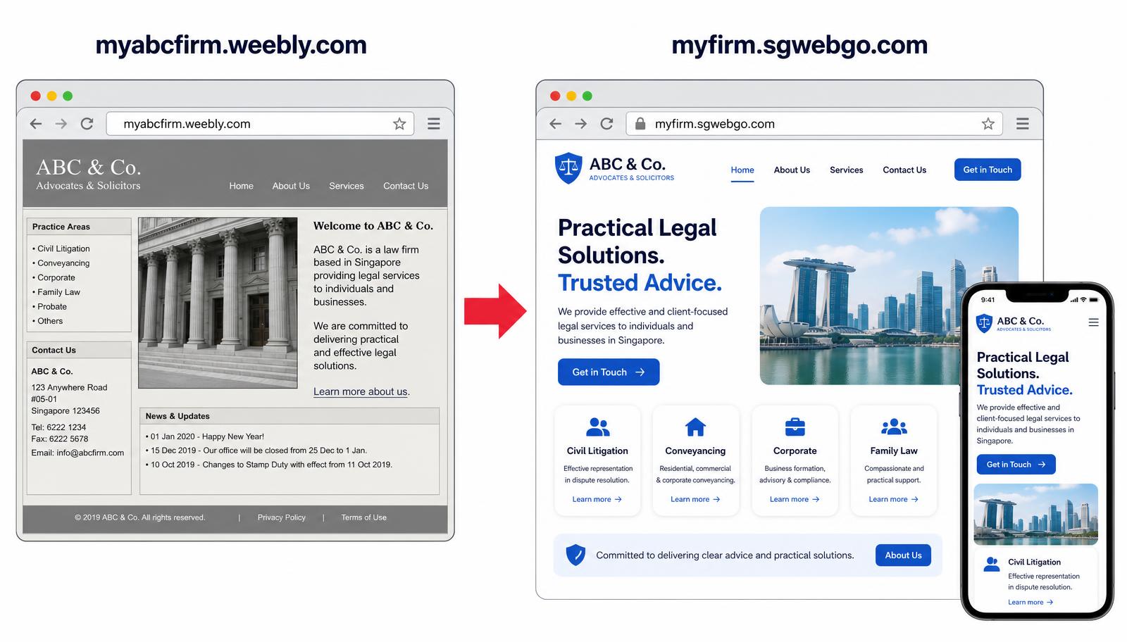 Before and after: an old myabcfirm.weebly.com site migrated to a modern myfirm.sgwebgo.com website